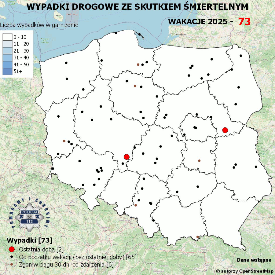 Mapa prezentująca liczbę wypadków poprzedniej doby w Polsce. Prezentowane dane są dostępne w tekście poniżej.